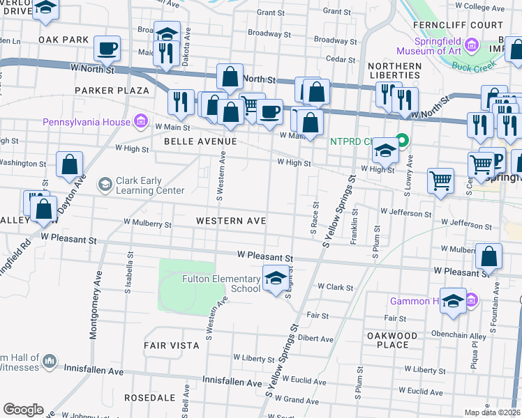 map of restaurants, bars, coffee shops, grocery stores, and more near 202 South Shaffer Street in Springfield