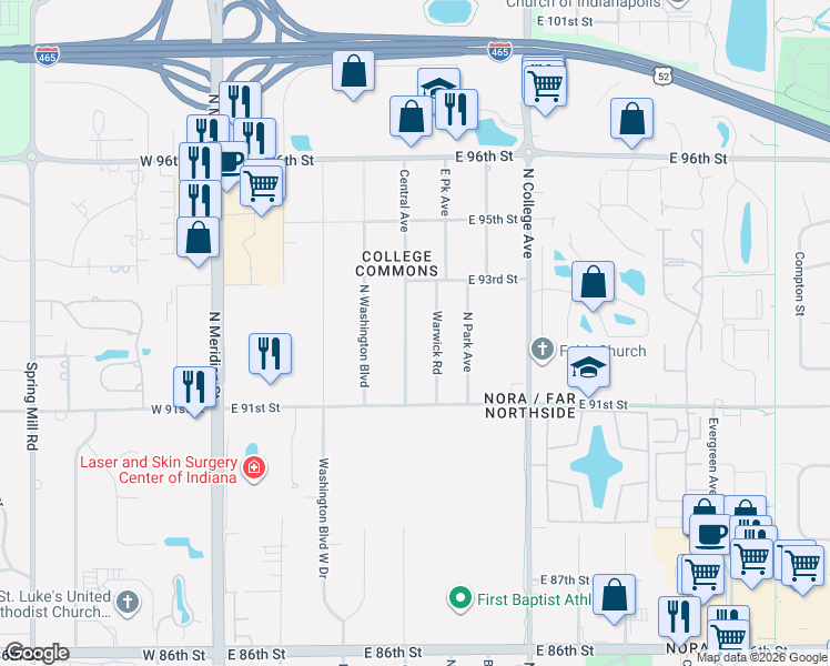 map of restaurants, bars, coffee shops, grocery stores, and more near 9222 Central Avenue in Indianapolis