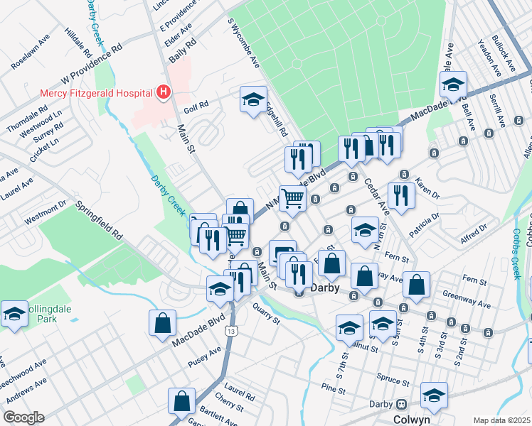 map of restaurants, bars, coffee shops, grocery stores, and more near 56 North Macdade Boulevard in Darby