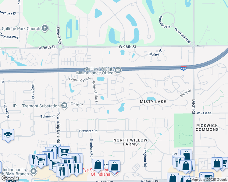 map of restaurants, bars, coffee shops, grocery stores, and more near 9280 Chelsea Village Drive in Indianapolis