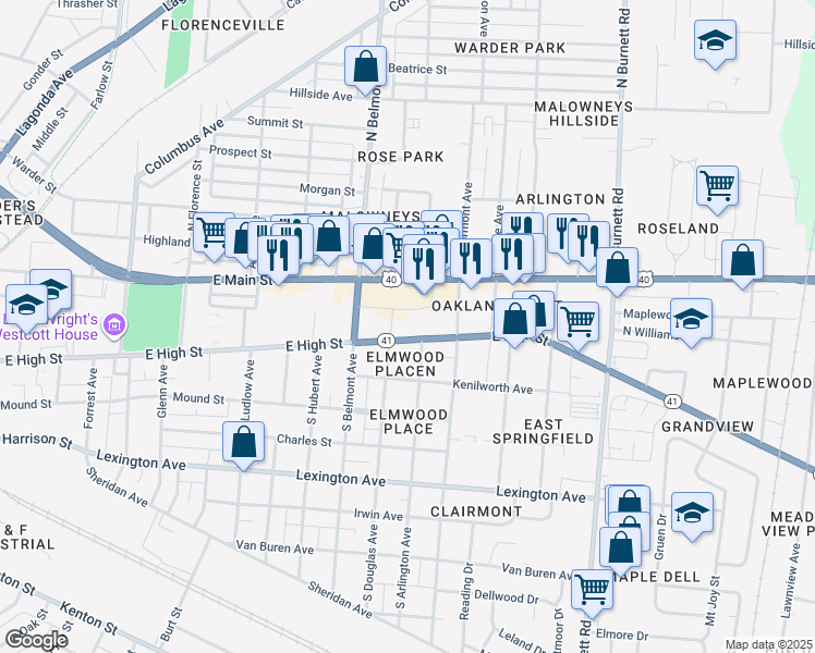map of restaurants, bars, coffee shops, grocery stores, and more near 2031 East Main Street in Springfield