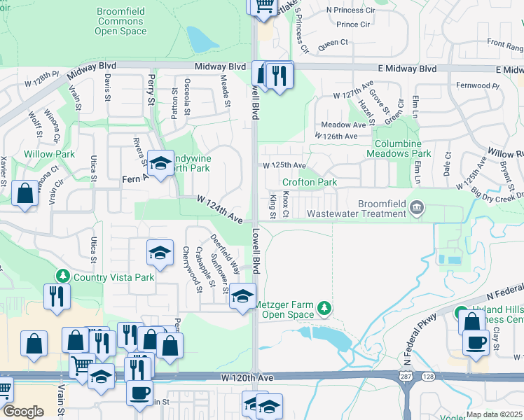map of restaurants, bars, coffee shops, grocery stores, and more near 12431 King Court in Broomfield