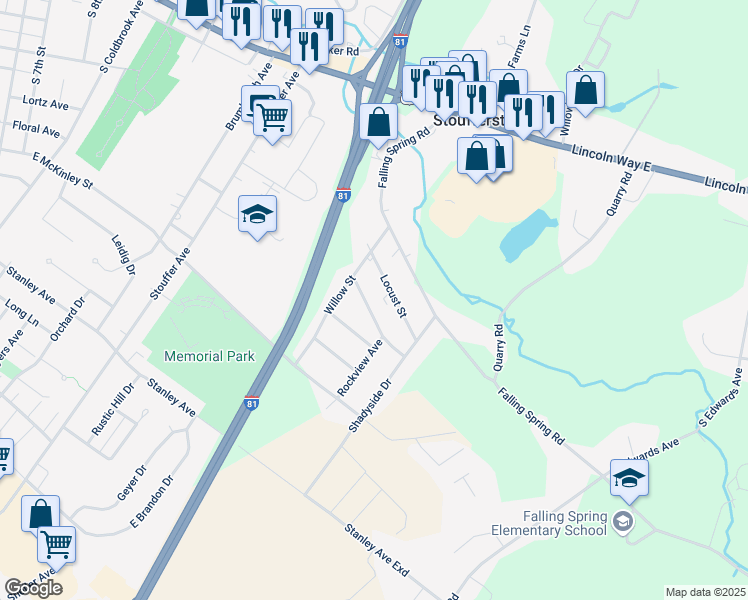 map of restaurants, bars, coffee shops, grocery stores, and more near 1221 Fox Den Drive in Chambersburg