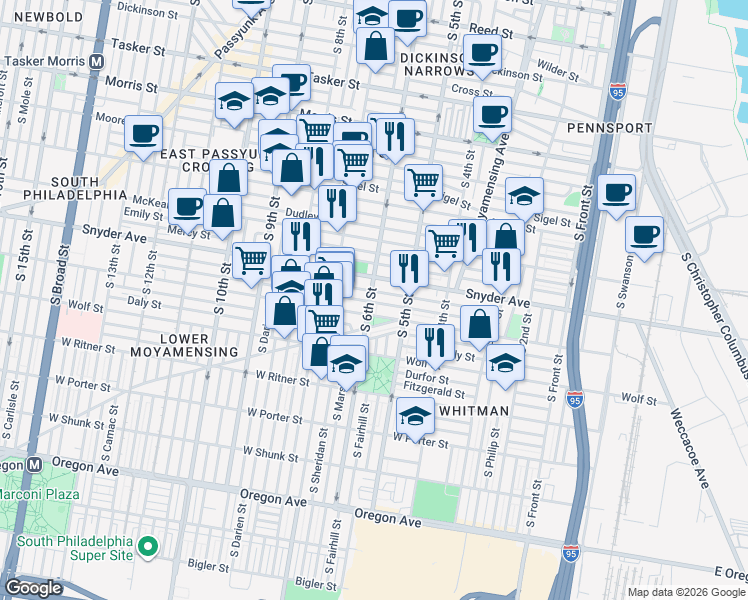 map of restaurants, bars, coffee shops, grocery stores, and more near in Philadelphia