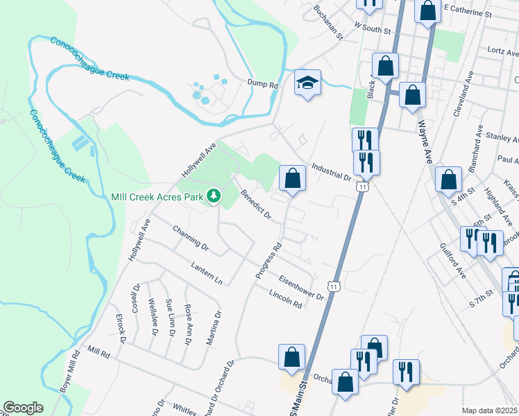 map of restaurants, bars, coffee shops, grocery stores, and more near Benedict Drive in Chambersburg