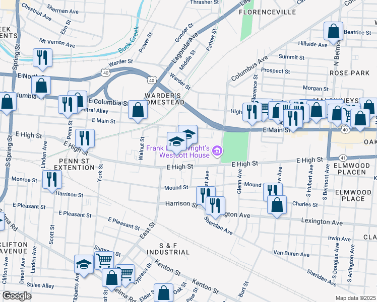 map of restaurants, bars, coffee shops, grocery stores, and more near 1200 East High Street in Springfield