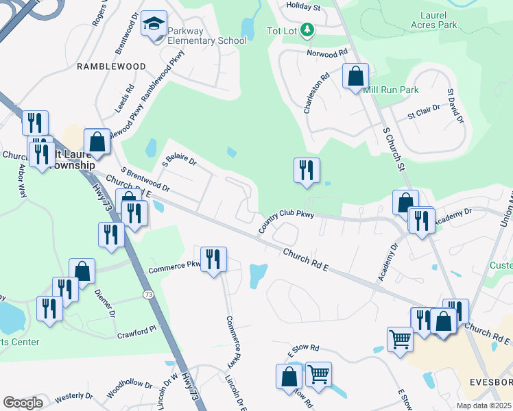 map of restaurants, bars, coffee shops, grocery stores, and more near 605 Augusta Circle in Mount Laurel