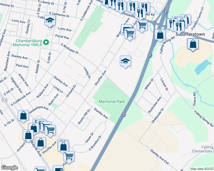 map of restaurants, bars, coffee shops, grocery stores, and more near Memorial Drive in Chambersburg