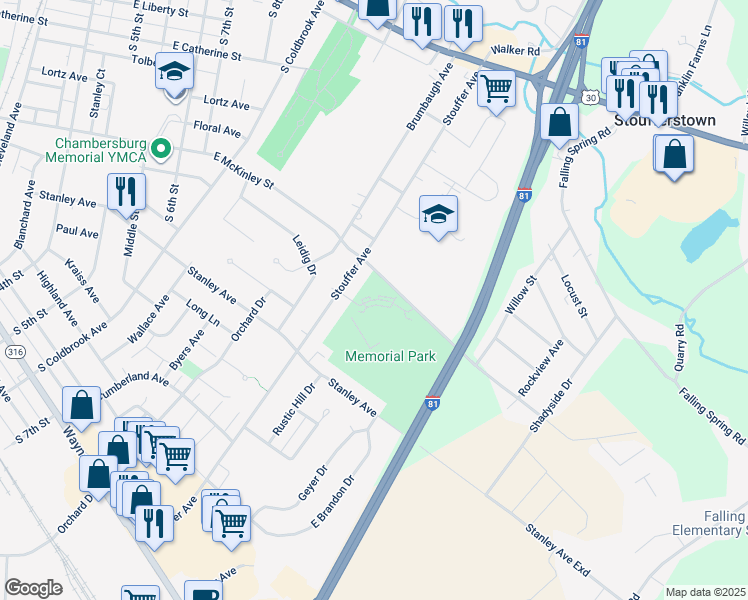 map of restaurants, bars, coffee shops, grocery stores, and more near Memorial Drive in Chambersburg