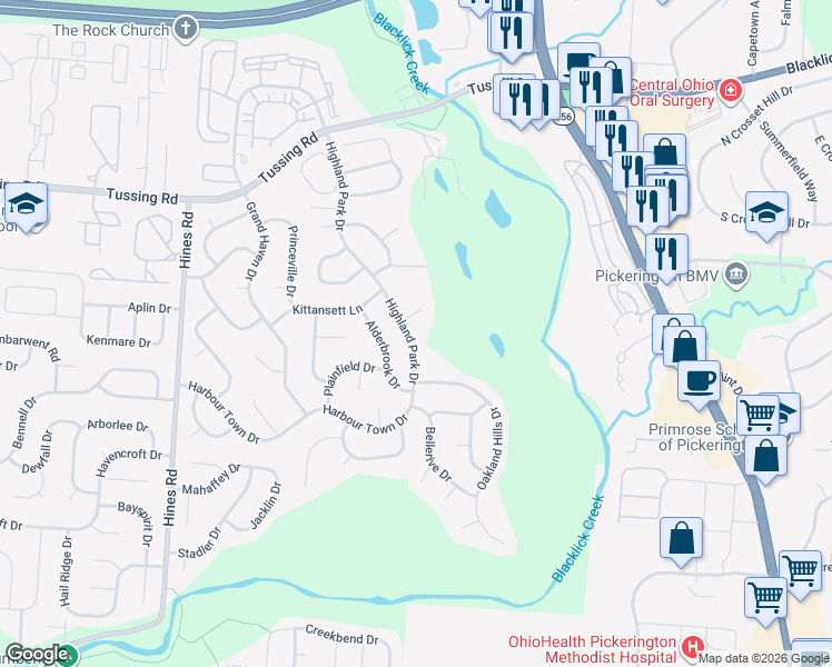 map of restaurants, bars, coffee shops, grocery stores, and more near 3084 Highland Park Drive in Pickerington
