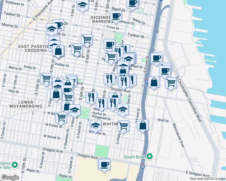 map of restaurants, bars, coffee shops, grocery stores, and more near 340 Snyder Avenue in Philadelphia