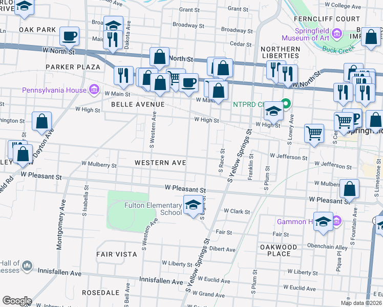 map of restaurants, bars, coffee shops, grocery stores, and more near 732 West Jefferson Street in Springfield