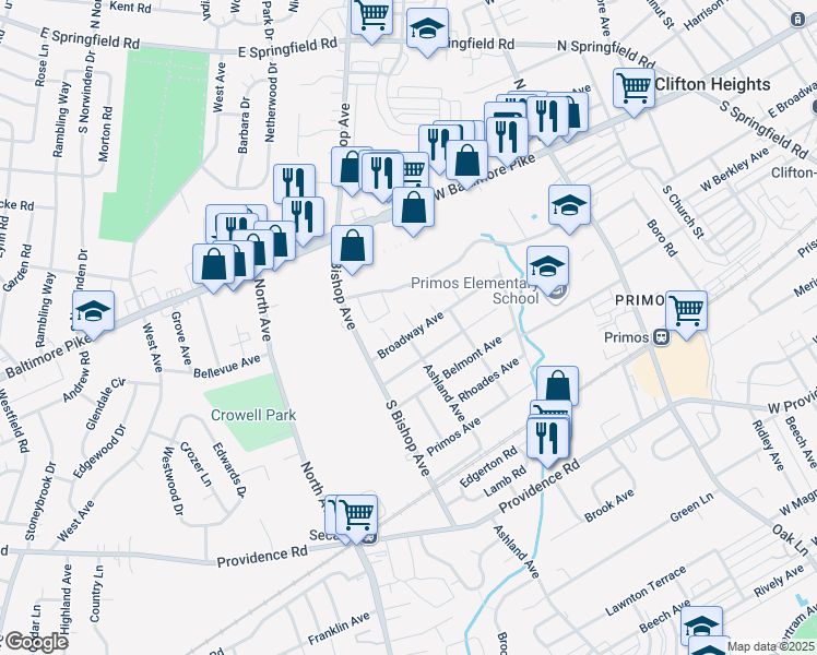 map of restaurants, bars, coffee shops, grocery stores, and more near 174 Grove Place in Delaware County