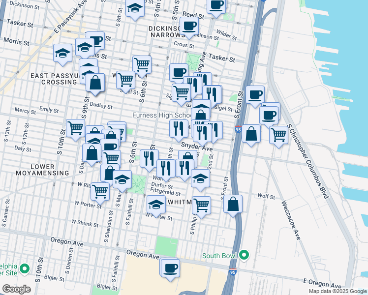 map of restaurants, bars, coffee shops, grocery stores, and more near 342 Snyder Avenue in Philadelphia
