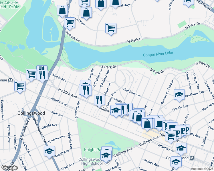 map of restaurants, bars, coffee shops, grocery stores, and more near 137 East Palmer Avenue in Collingswood
