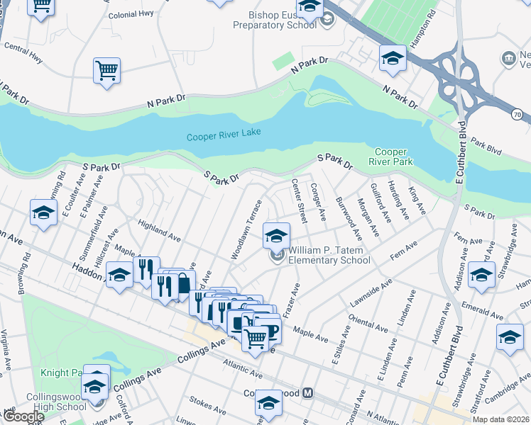 map of restaurants, bars, coffee shops, grocery stores, and more near 340 Woodlawn Terrace in Collingswood