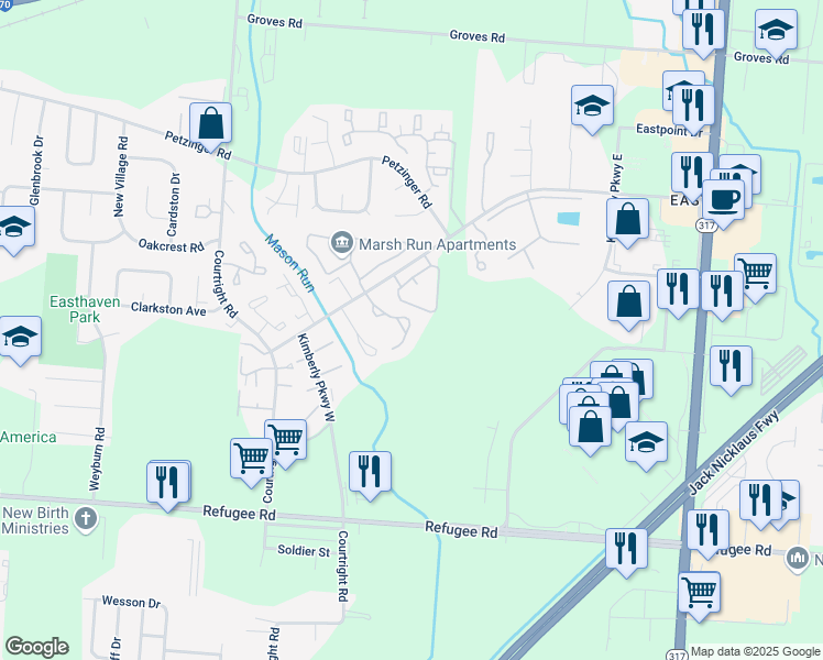map of restaurants, bars, coffee shops, grocery stores, and more near 2512 Burgandy Lane in Columbus