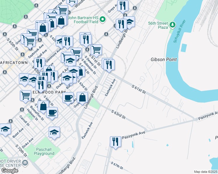map of restaurants, bars, coffee shops, grocery stores, and more near 2931 South 62nd Street in Philadelphia