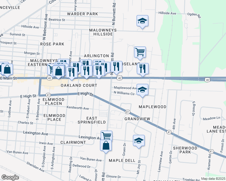 map of restaurants, bars, coffee shops, grocery stores, and more near 2614 Maplewood Avenue in Springfield