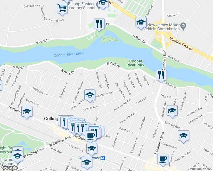 map of restaurants, bars, coffee shops, grocery stores, and more near 715 Center Street in Collingswood