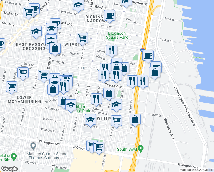 map of restaurants, bars, coffee shops, grocery stores, and more near 342 Snyder Avenue in Philadelphia