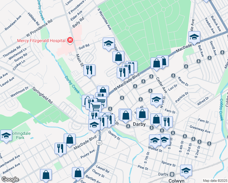 map of restaurants, bars, coffee shops, grocery stores, and more near 56 North Macdade Boulevard in Darby