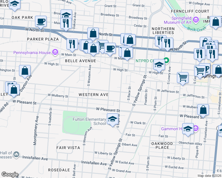 map of restaurants, bars, coffee shops, grocery stores, and more near 734 West Jefferson Street in Springfield