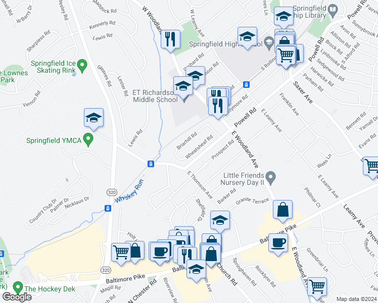 map of restaurants, bars, coffee shops, grocery stores, and more near 482 Wheatsheaf Road in Springfield