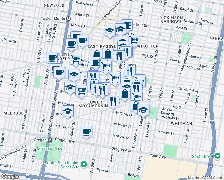 map of restaurants, bars, coffee shops, grocery stores, and more near 922 Jackson Street in Philadelphia