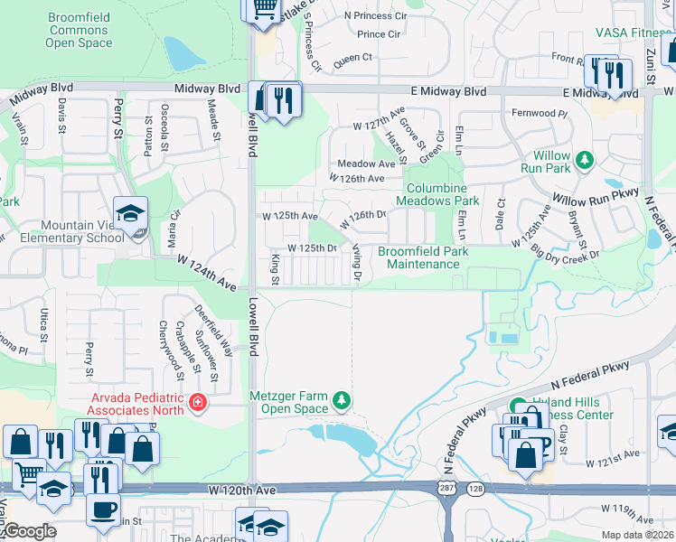 map of restaurants, bars, coffee shops, grocery stores, and more near 12480 James Street in Broomfield