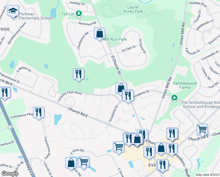 map of restaurants, bars, coffee shops, grocery stores, and more near 601A Country Club Parkway in Mount Laurel Township