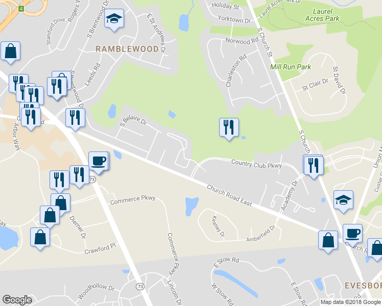 map of restaurants, bars, coffee shops, grocery stores, and more near 605 Augusta Circle in Mount Laurel