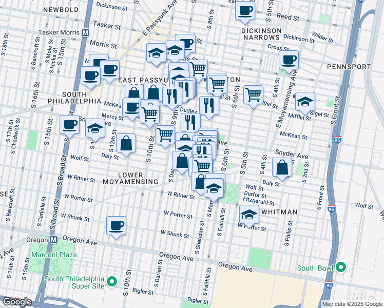 map of restaurants, bars, coffee shops, grocery stores, and more near in Philadelphia