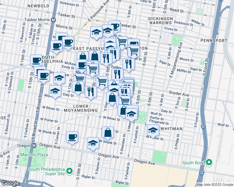 map of restaurants, bars, coffee shops, grocery stores, and more near 819 Winton Street in Philadelphia