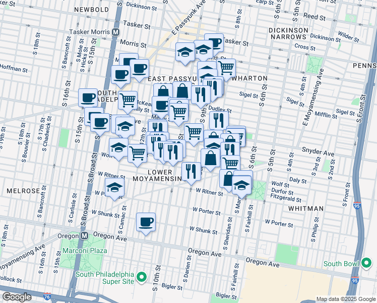 map of restaurants, bars, coffee shops, grocery stores, and more near 924 Jackson Street in Philadelphia