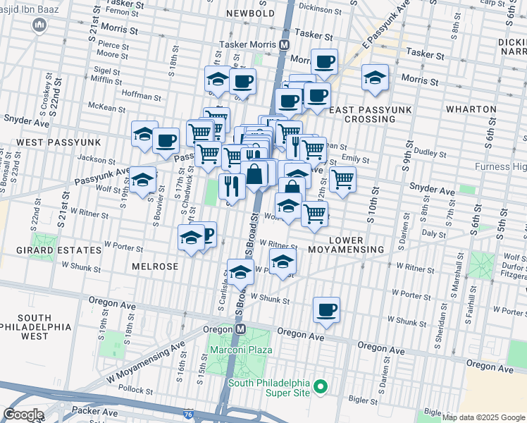 map of restaurants, bars, coffee shops, grocery stores, and more near in Philadelphia