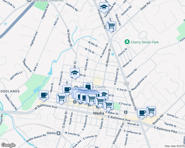 map of restaurants, bars, coffee shops, grocery stores, and more near 426 North Jackson Street in Media