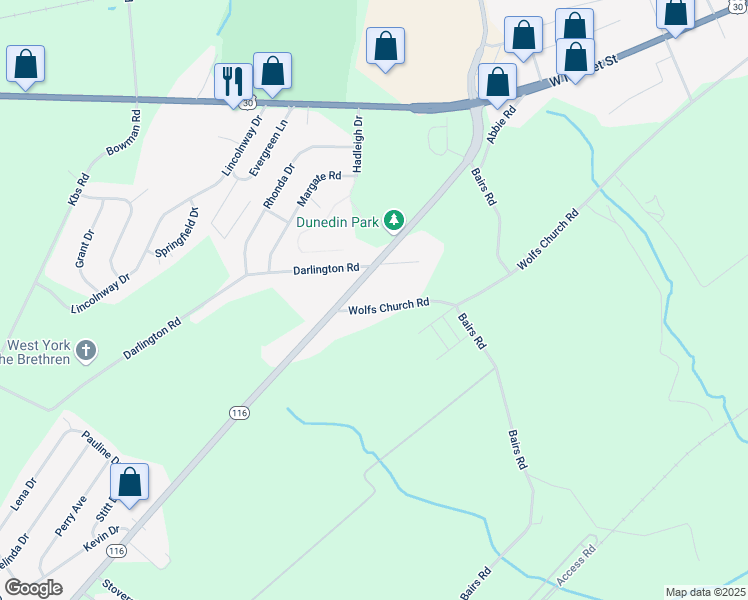 map of restaurants, bars, coffee shops, grocery stores, and more near 4645 Wolfs Church Road in York