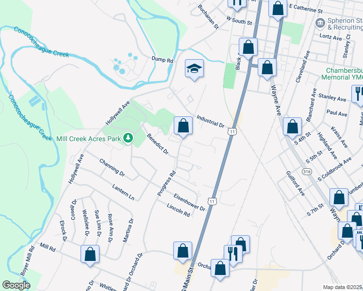 map of restaurants, bars, coffee shops, grocery stores, and more near 965 Progress Road in Chambersburg