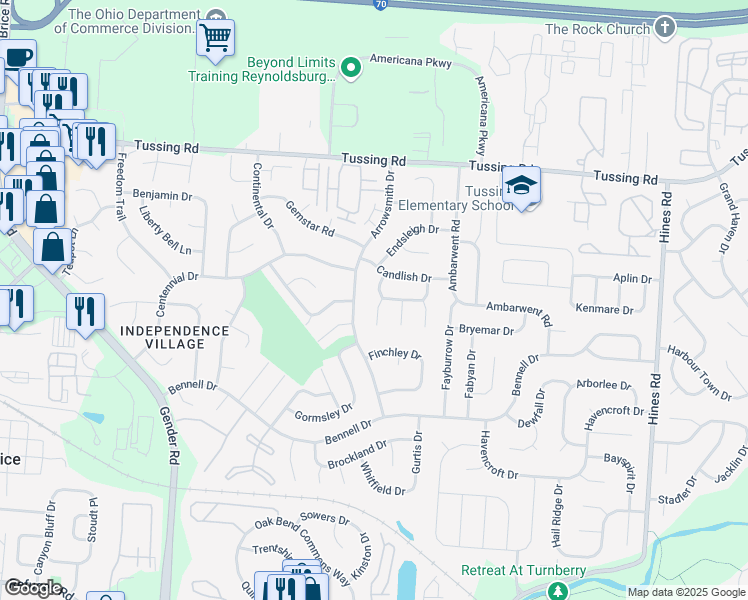 map of restaurants, bars, coffee shops, grocery stores, and more near 6929 Britwell Lane in Reynoldsburg
