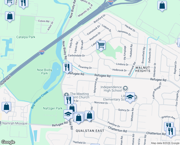 map of restaurants, bars, coffee shops, grocery stores, and more near 4917 Downing Drive in Columbus