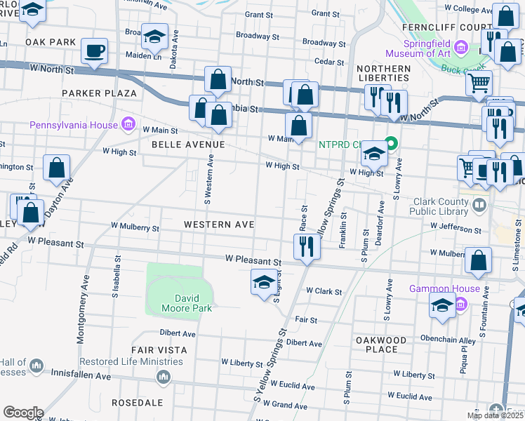 map of restaurants, bars, coffee shops, grocery stores, and more near 202 South Shaffer Street in Springfield