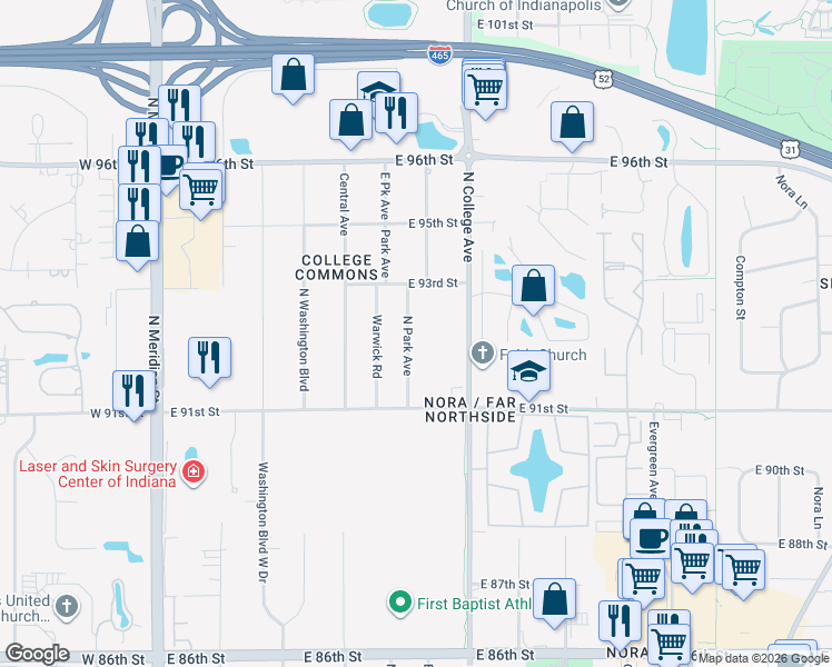 map of restaurants, bars, coffee shops, grocery stores, and more near 9223 North Park Avenue in Indianapolis