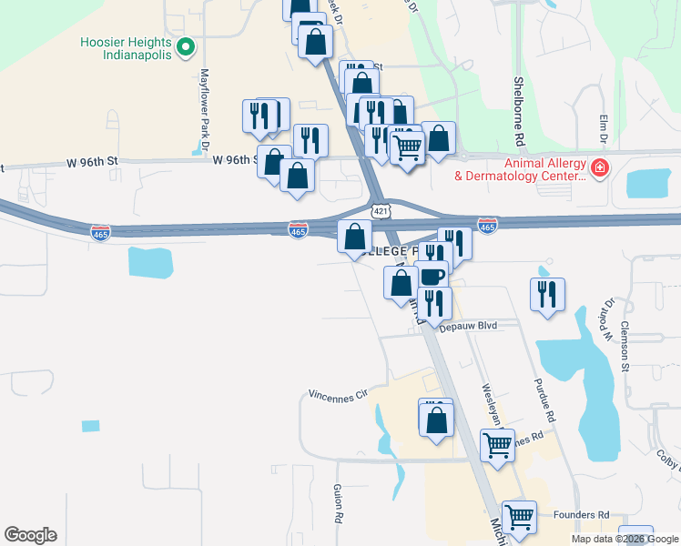 map of restaurants, bars, coffee shops, grocery stores, and more near 4020 West 94th Street in Indianapolis