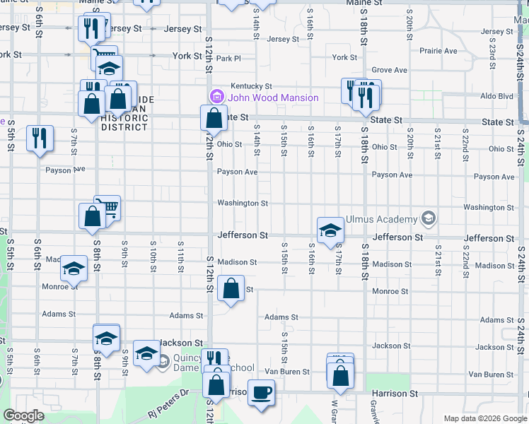 map of restaurants, bars, coffee shops, grocery stores, and more near 741 South 14th Street in Quincy