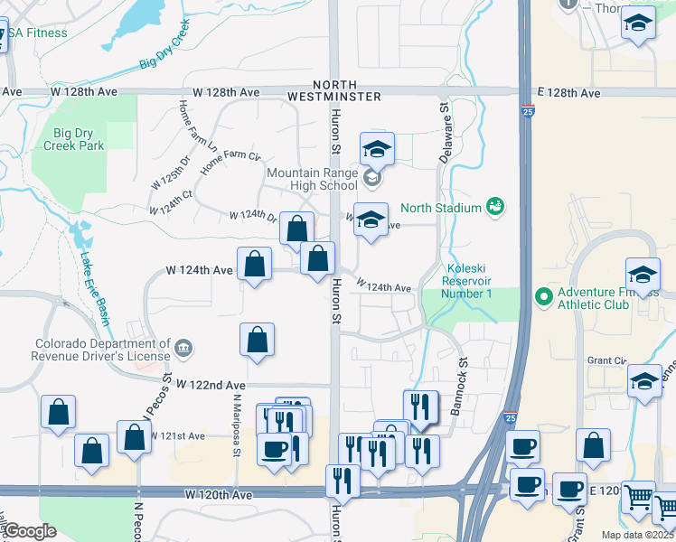 map of restaurants, bars, coffee shops, grocery stores, and more near 12400 Huron Street in Westminster