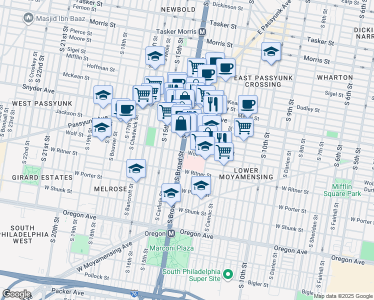 map of restaurants, bars, coffee shops, grocery stores, and more near 2227 South Broad Street in Philadelphia