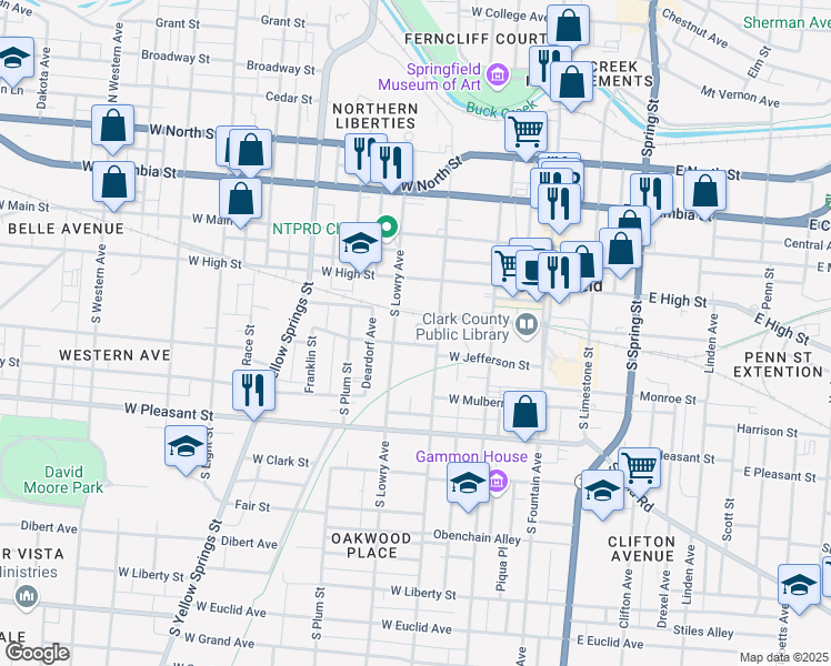 map of restaurants, bars, coffee shops, grocery stores, and more near Ames Place in Springfield