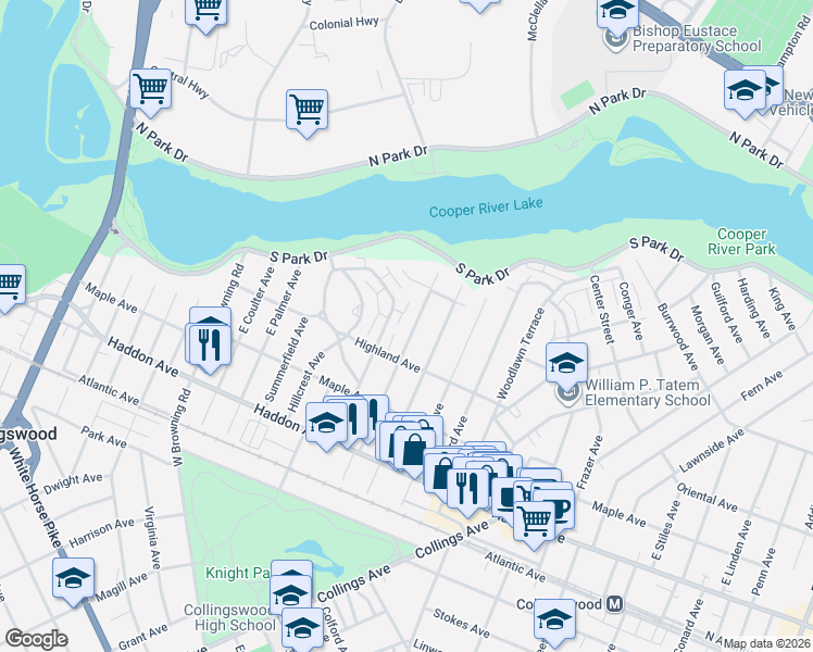 map of restaurants, bars, coffee shops, grocery stores, and more near 223 Garfield Avenue in Collingswood