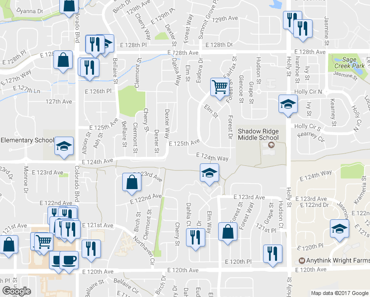 map of restaurants, bars, coffee shops, grocery stores, and more near 12481 Eudora Street in Thornton